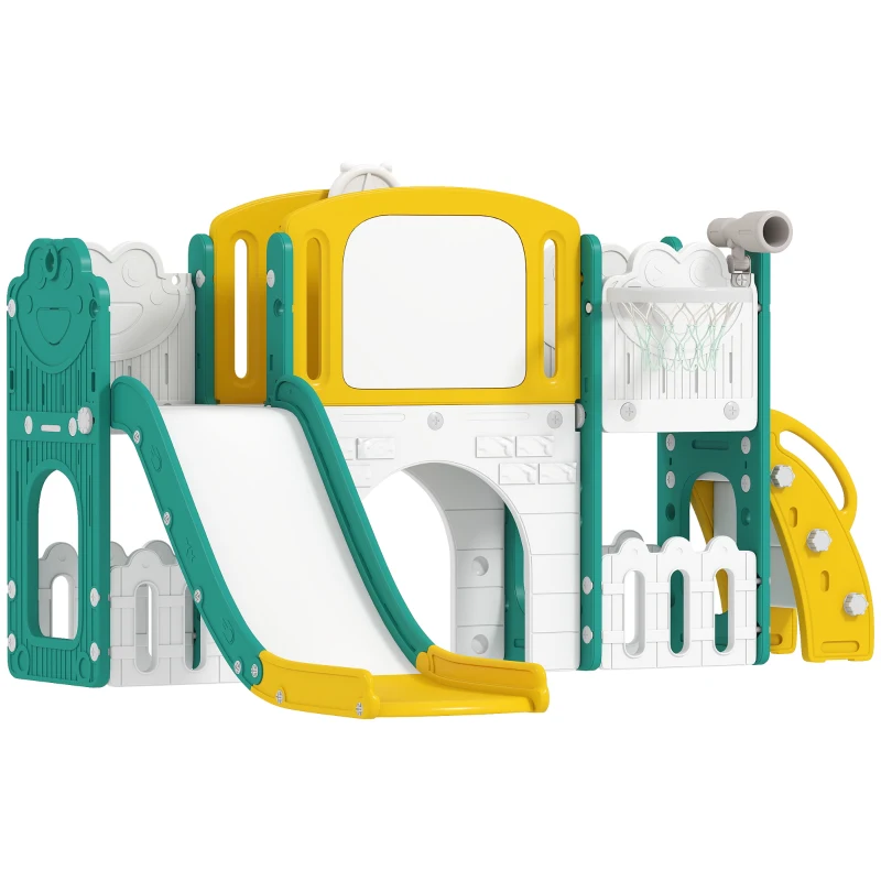 AIYAPLAY 7-in-1 Glijbaan Set voor Peuters, Basketballkorf, Kikker Design, Klimtoestel, Schommelzit, Voor Binnen en Buiten, Geel+Groen