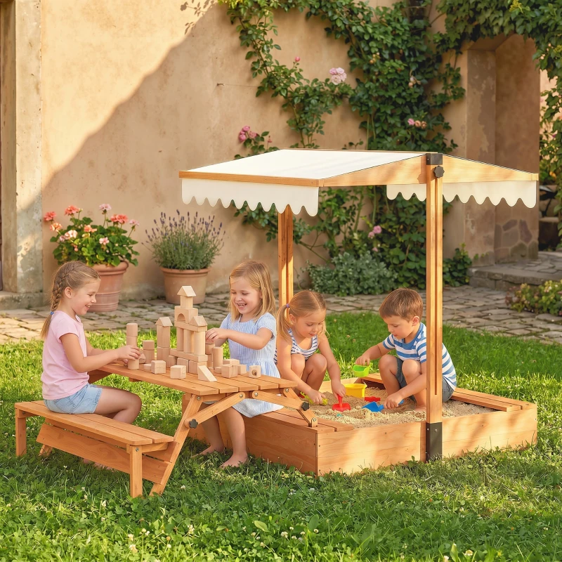 AIYAPLAY Arenero para Niños de Madera con Toldo Ajustable Mesa de Picnic con Bancos 6 Niños de 3-8 Años 184x110x120 cm Marrón