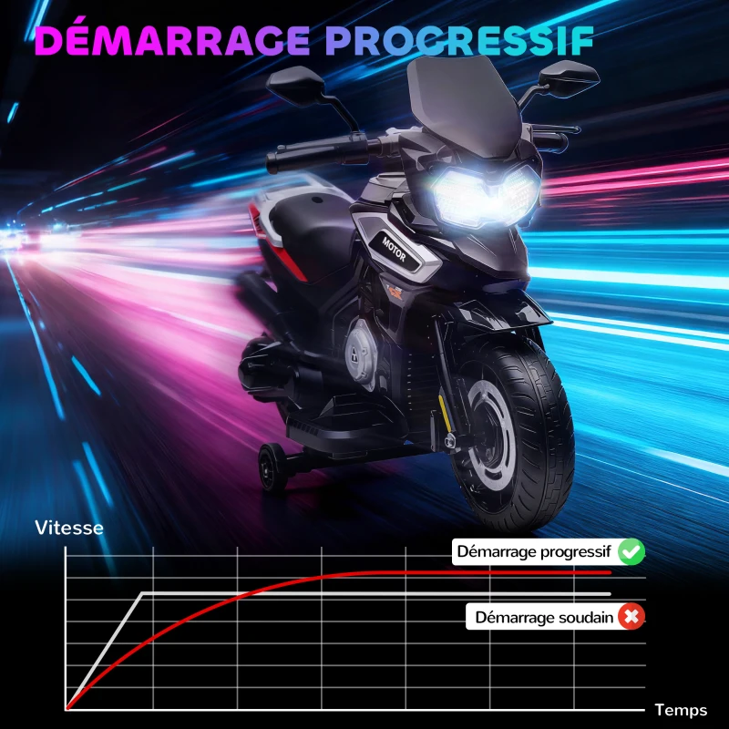 AIYAPLAY Moto elétrica infantil 6 V, carro elétrico infantil com rodas de treino, música, efeitos luminosos, preto