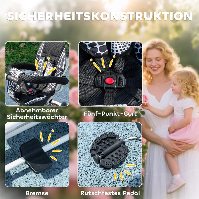 HOMCOM 6-in-1 Kinder Driewieler met Duwstang, Dak, Gordel, Opbergmand, voor 1-5 Jaar, Wit