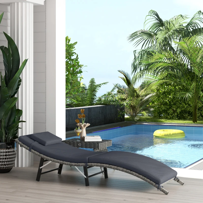 Outsunny Rattan Folding Sun Lounger Outdoor Chair with Cushion and Pillow Grey