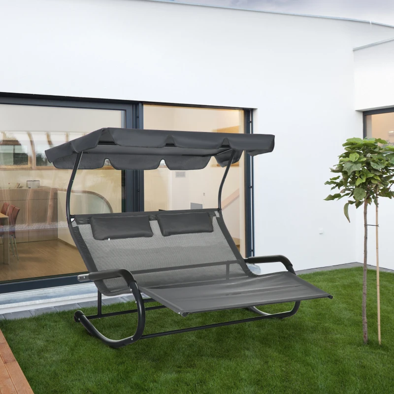 Outsunny Chaise longue double avec toit solaire appui-têtes bain de soleil à bascule ergonomique 2 roues 200 x 139 x 140 cm noir