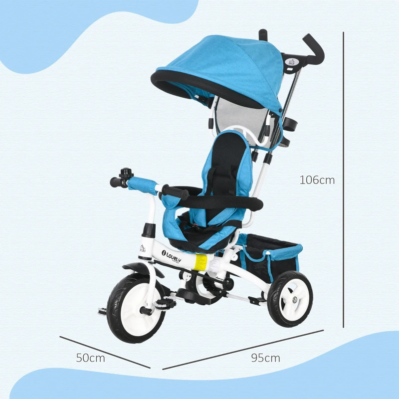HOMCOM 6-in-1 Kinderdriewieler met Duwstang, Zonnedak, Gordel, Opbergmand, voor 1-5 Jaar, Blauw