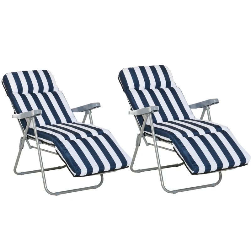 Outsunny 2 Tumbonas de Jardín de Acero con Cojín Acolchado Respaldo Ajustable y Reposapiés 60x75x66-102 cm Azul y Blanco