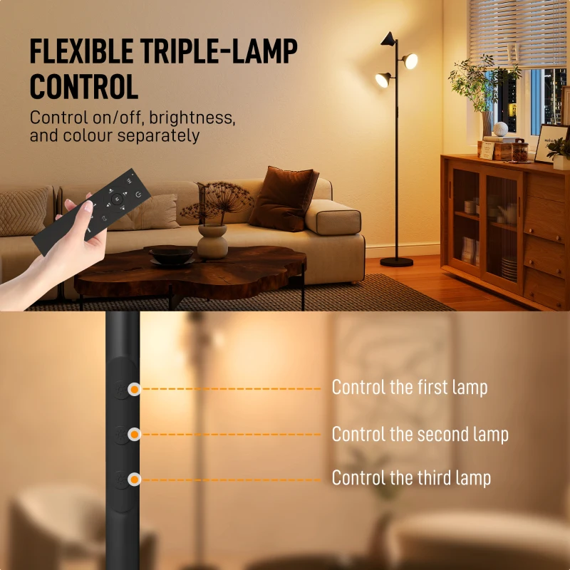 HOMCOM Three-Lamp Multi-Adjustable Floor Light - Black