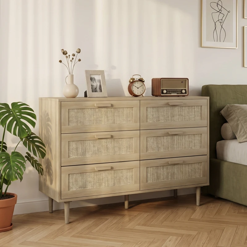 HOMCOM Cómoda para Dormitorio con 6 Cajones con Frontal de Ratán Patas de Madera Cajonera Estilo Bohemio 110x40x75 cm Roble
