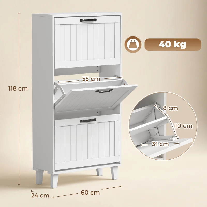 HOMCOM Mueble Zapatero 3 Cajones Abatibles Estantes Regulables Estrecho Blanco