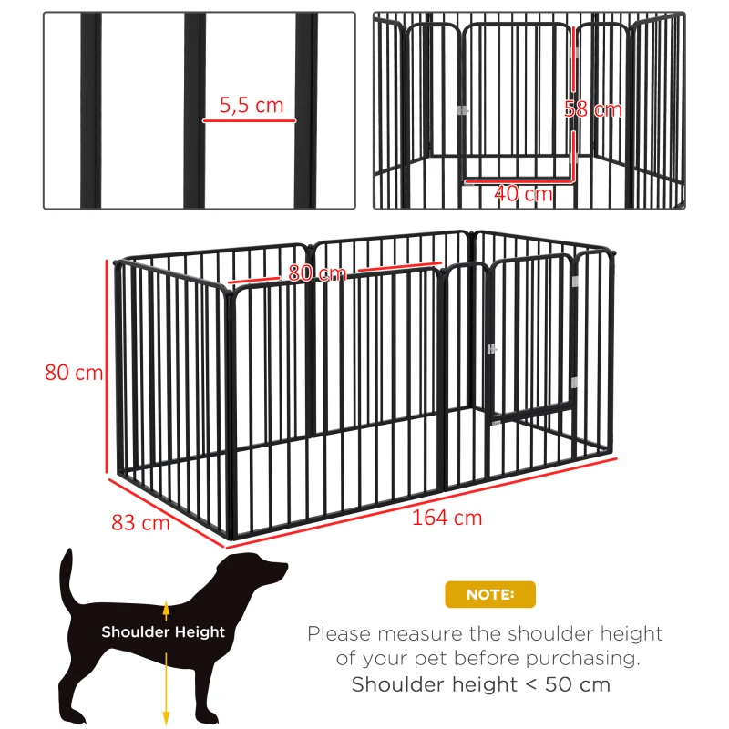 PawHut Recinto per Cani a 6 Pannelli Modulabili da Interno ed Esterno, in Acciaio, 164x83x80 cm, Nero