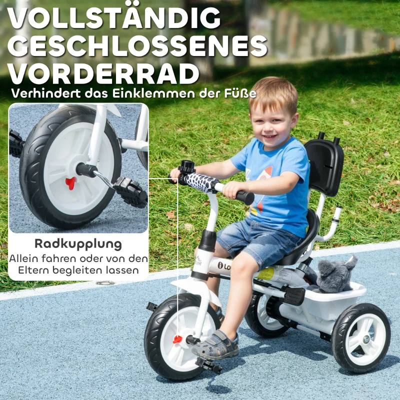 HOMCOM 6-in-1 Kinder Driewieler met Duwstang, Dak, Gordel, Opbergmand, voor 1-5 Jaar, Wit