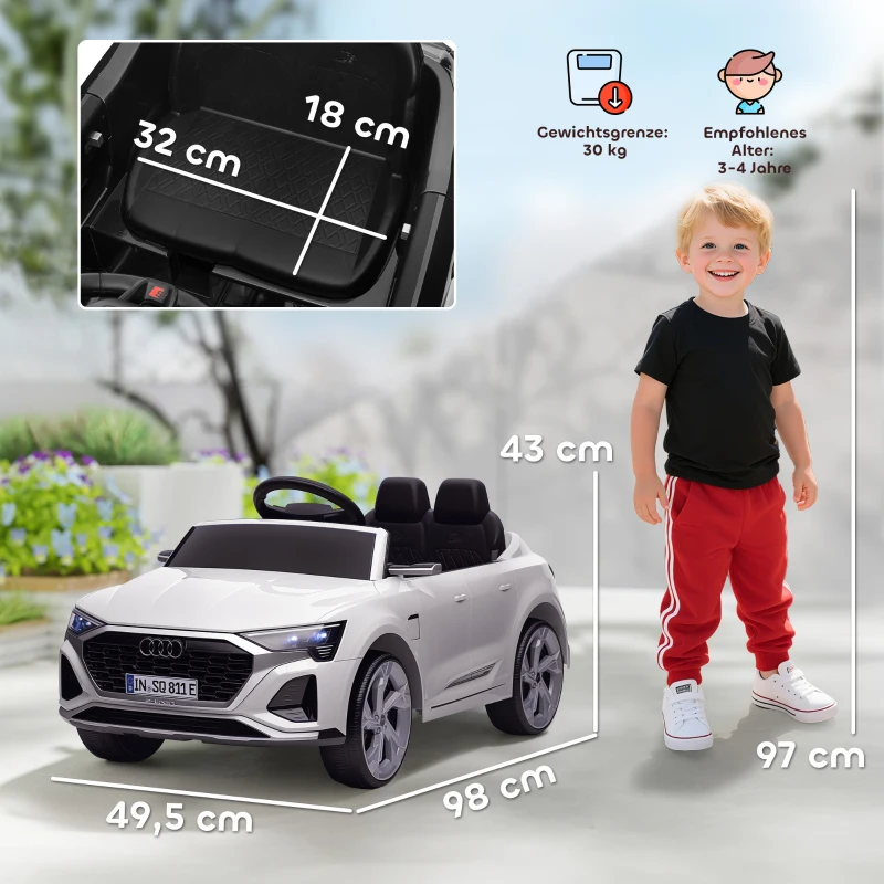 AIYAPLAY Kinder elektrische auto 12V Audi Q8 met 2,4G afstandsbediening, 2 motoren, MP3 muziek & claxon, voertuig met koplampen, 4 geveerde wielen, softstart voor kinderen van 3-4 jaar, wit(m-3)
