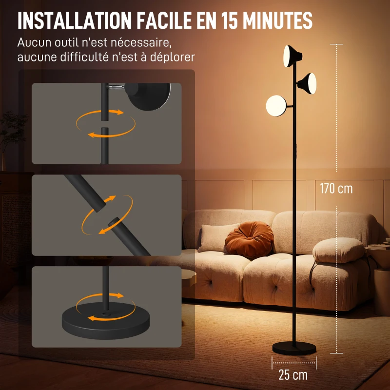 HOMCOM Lampadaire LED lampadaires sur pied salon dimmable 2700K-6000K 4150 lm 3 têtes rotatives Ø 25 x 170 cm noir