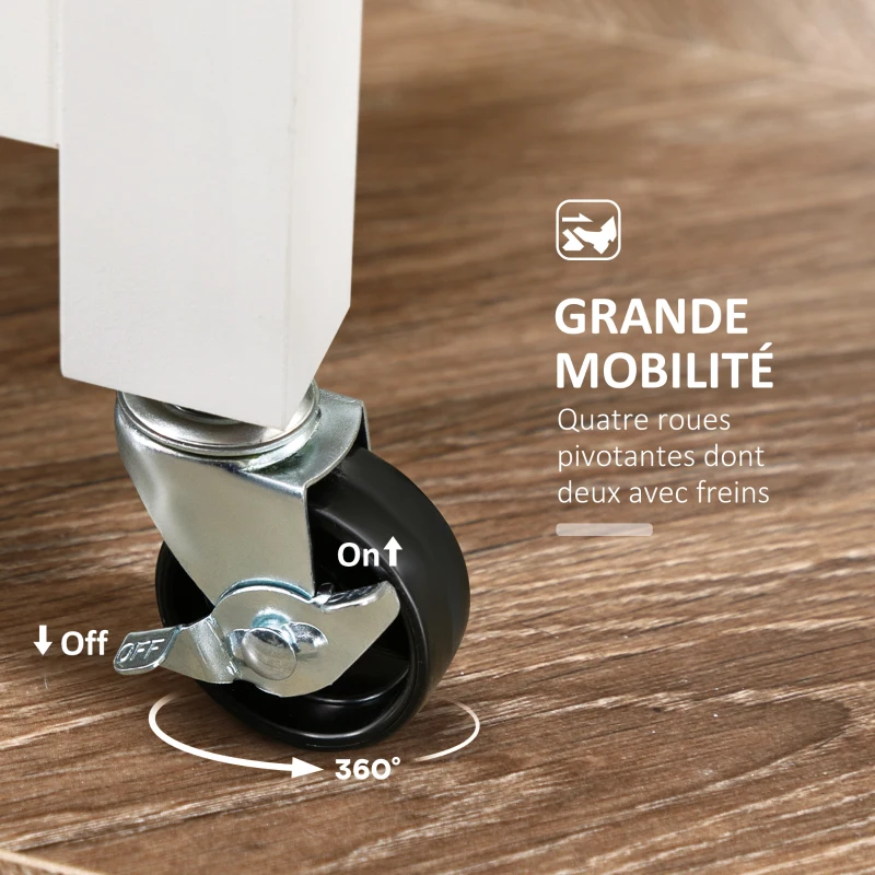 HOMCOM Chariot desserte de cuisine à roulettes plan de travail en bois 3 tiroirs + 1 plateau amovible 67 x 37 x 85,5 cm blanc