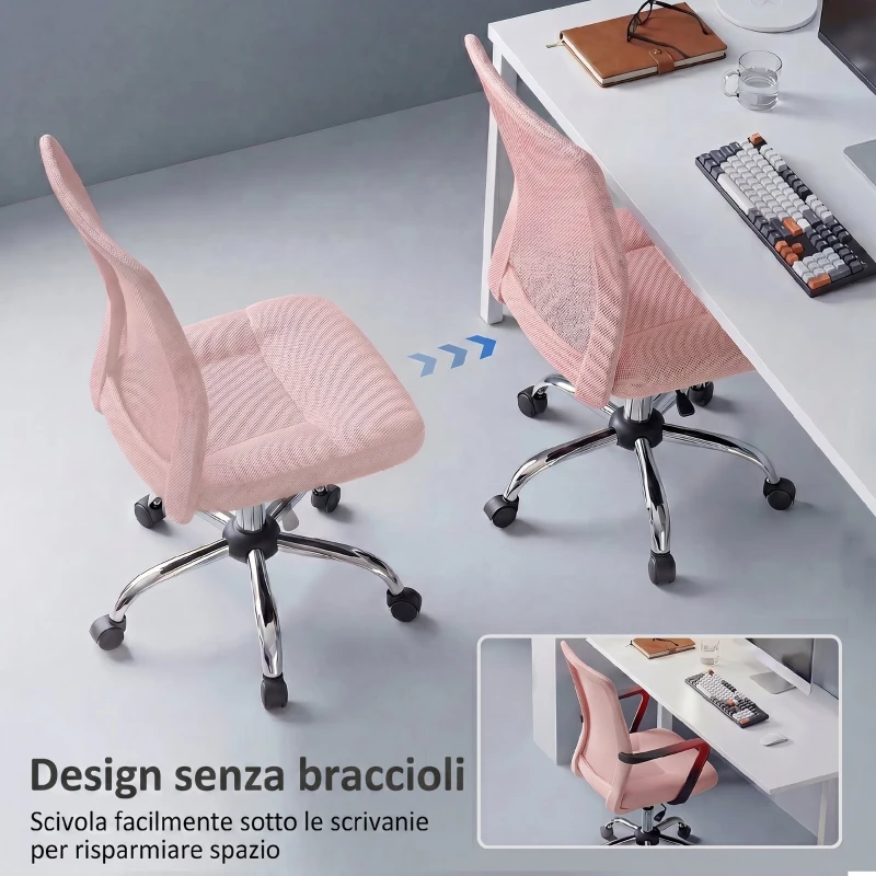 Vinsetto Sedia da Ufficio Ergonomica Girevole Senza Braccioli in Tessuto Traspirante a Rete, Altezza Regolabile, Rosa
