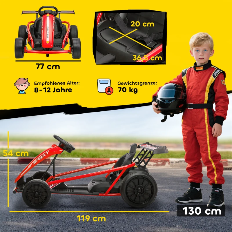 AIYAPLAY 24V elektrische gokart om te rijden en te driften, nylonbanden, veiligheidsgordel, claxon, muziek, voor 8-12 jaar Rood(m-3)