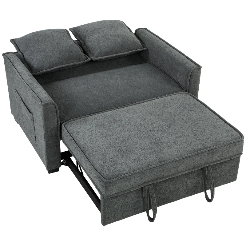 HOMCOM Sofá-Cama 2 Lugares 3 em 1 com Encosto Ajustável Bolsos Laterais 2 Almofadas para Sala Cinza Escuro