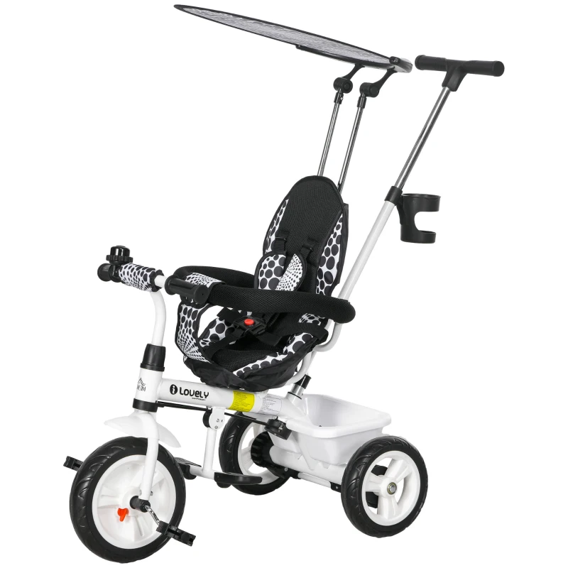 HOMCOM 6-in-1 Kinder Driewieler met Duwstang, Dak, Gordel, Opbergmand, voor 1-5 Jaar, Wit