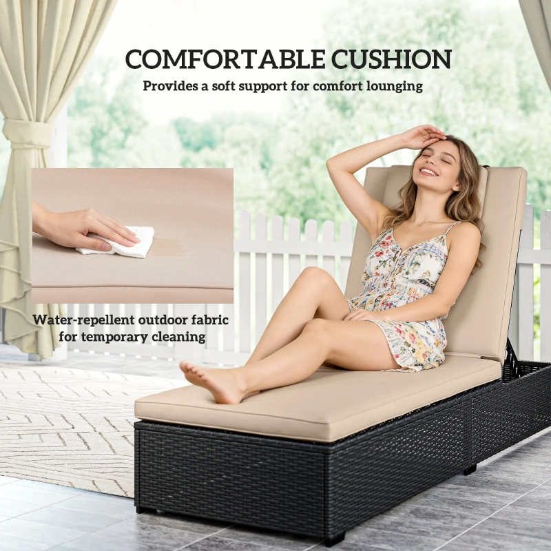 Outsunny Rattan Sun Lounger with 5-Level Reclining Back Side Tray and Cushion, Black