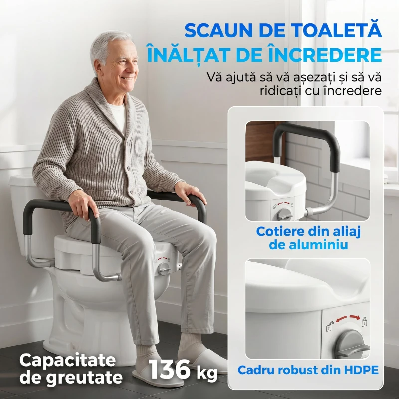 HOMCOM Înălțător WC pentru Vârstnici din HDPE cu Mânere Antialunecare, Lățime Reglabilă, Capacitate 136 kg, Alb