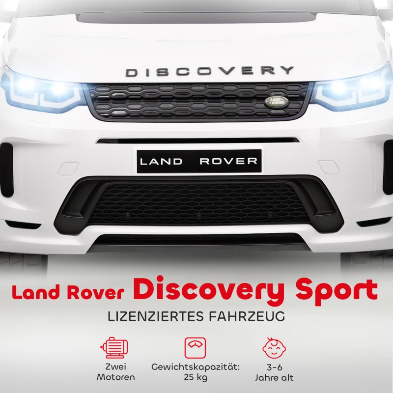 AIYAPLAY Elektrische Kinderauto 12V Land Rover Discovery Sport met 2,4G Afstandsbediening, Muziek, Claxon, LED Verlichting, USB/MP3 aansluiting, 3-5 km/u, voor Kinderen 3-6 Jaar, Wit(m-4)