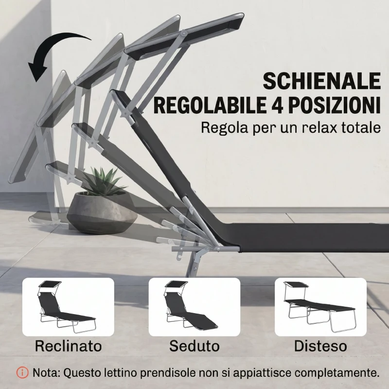 Outsunny Lettino Prendisole da Giardino Pieghevole e Regolabile con Tettuccio in Tessuto Nero, 187x58x50 cm
