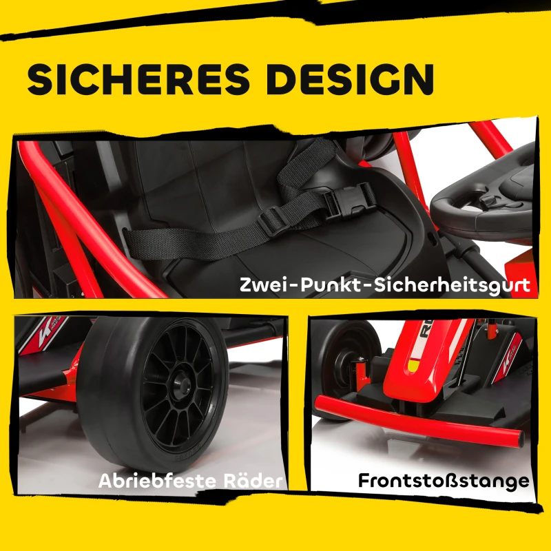 AIYAPLAY 24V elektrische gokart om te rijden en te driften, nylonbanden, veiligheidsgordel, claxon, muziek, voor 8-12 jaar Rood(m-8)