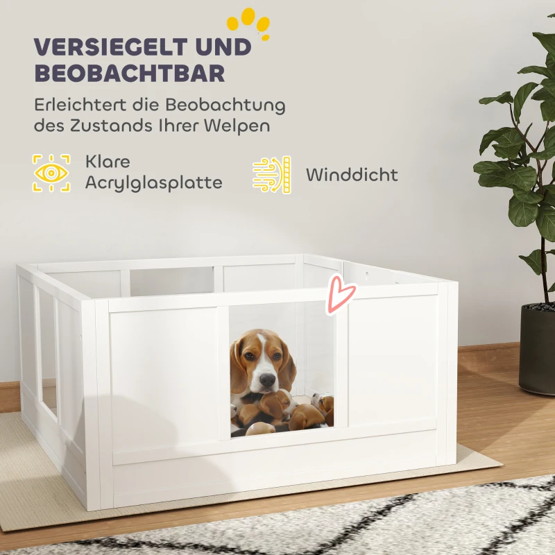 PawHut Werpkist voor Puppy’s, Puppyren met Verstelbare Deur, Hondenren met Antislip Voetjes, Werpkist voor middelgrote honden, 100x96x48 cm, Wit