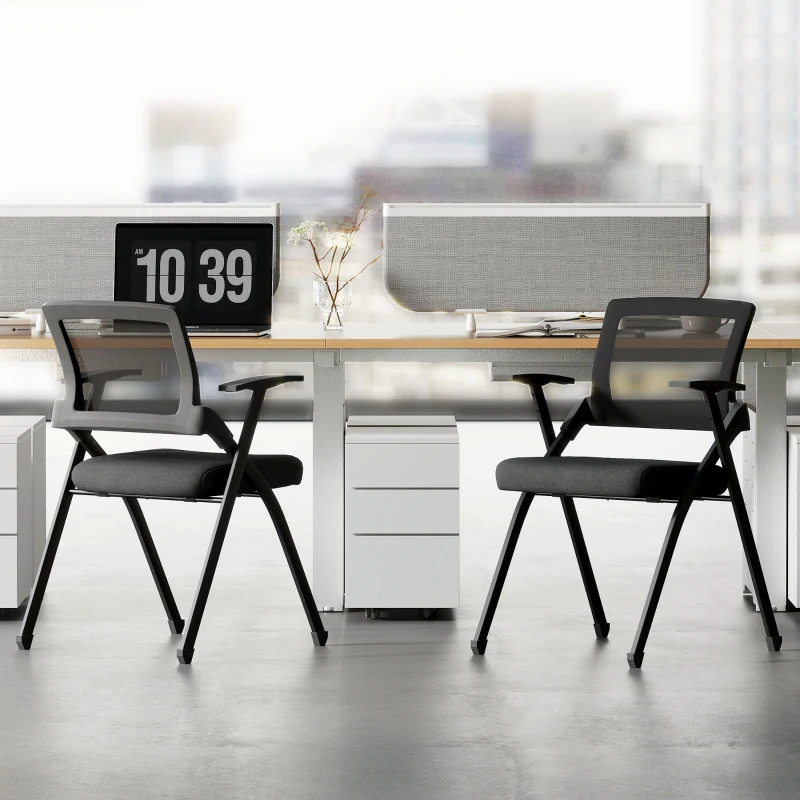 HOMCOM Set 2 Sedie Pieghevoli con Schienale Curvo e Braccioli, in Tessuto Effetto Lino e Acciaio, 61x56x84 cm, Nero