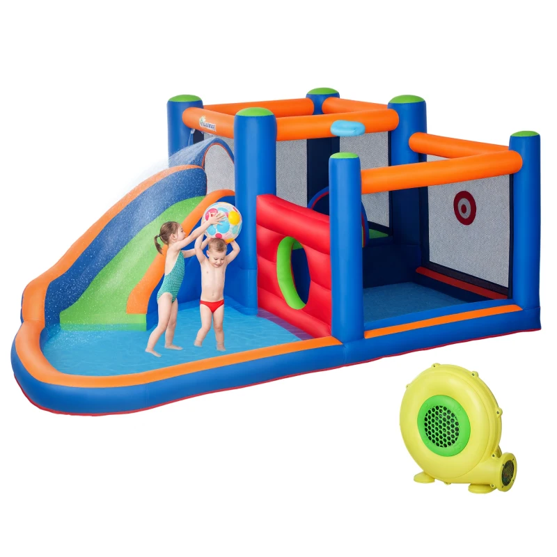 Outsunny springkasteel, met ruches, springkussen, zwembad, opblaasbaar, incl. elektrische pomp, voor maximaal 3 kinderen, 380 x 340 x 170 cm
