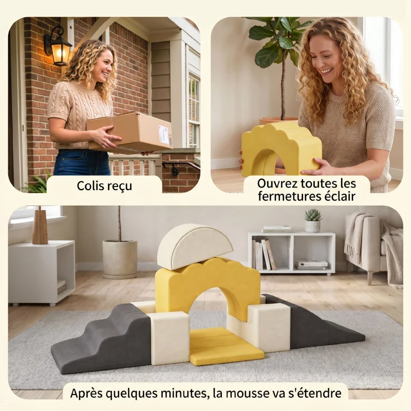AIYAPLAY Parcours motricité bébé blocs mousse éducatifs modulables 7 pièces housse lavable en velours base antidérapante jaune