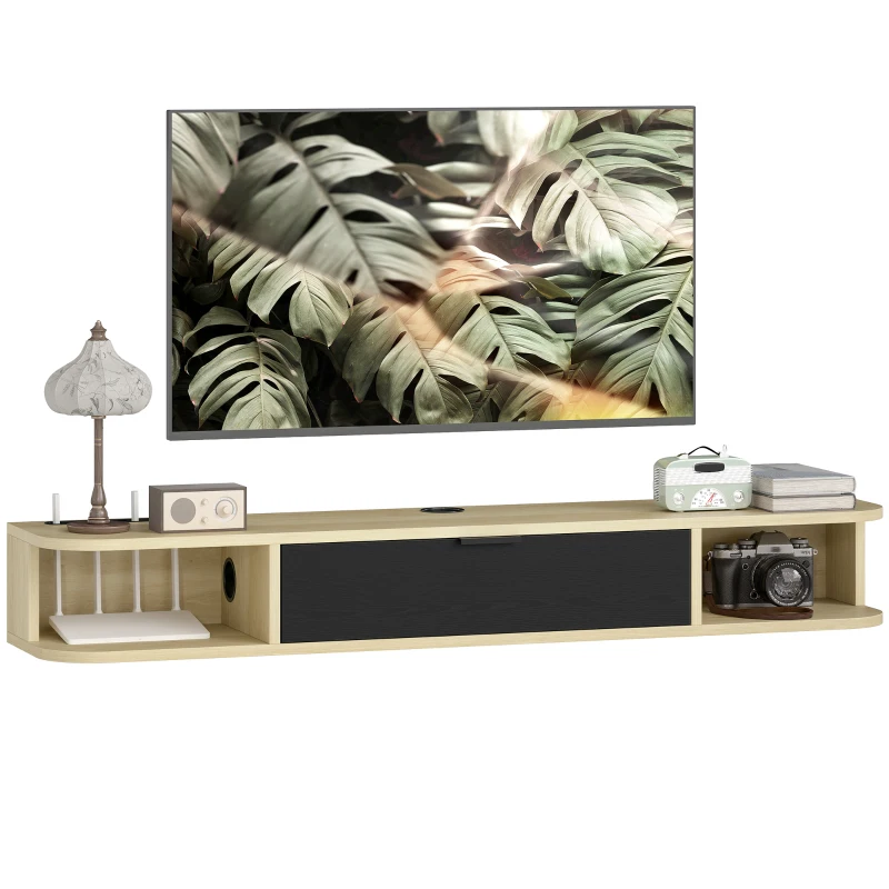 HOMCOM Meuble TV suspendu, meuble télé pour téléviseur jusqu'à 50 pouces, tiroir rabattable 2 étagères 120x24x16cm noir