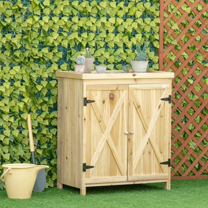 Outsunny Armoire de jardin armoire de rangement de jardin plateau en métal galvanisé en bois massif 80 x 45 x 92 cm bois naturel