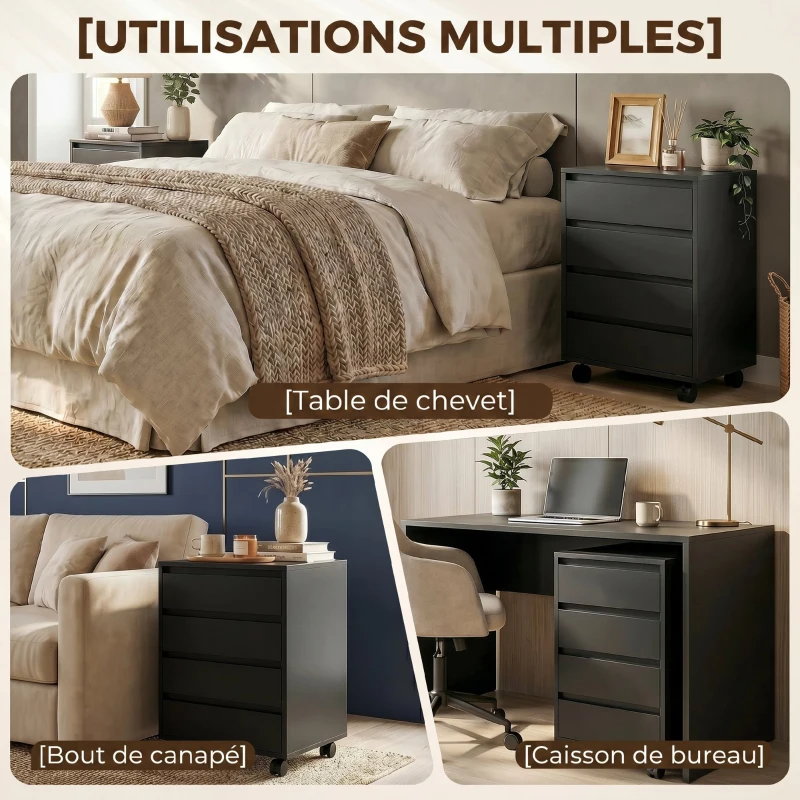 HOMCOM Caisson de bureau rangement bureau sur roulettes 4 tiroirs coulissants en bois aspect bois noir