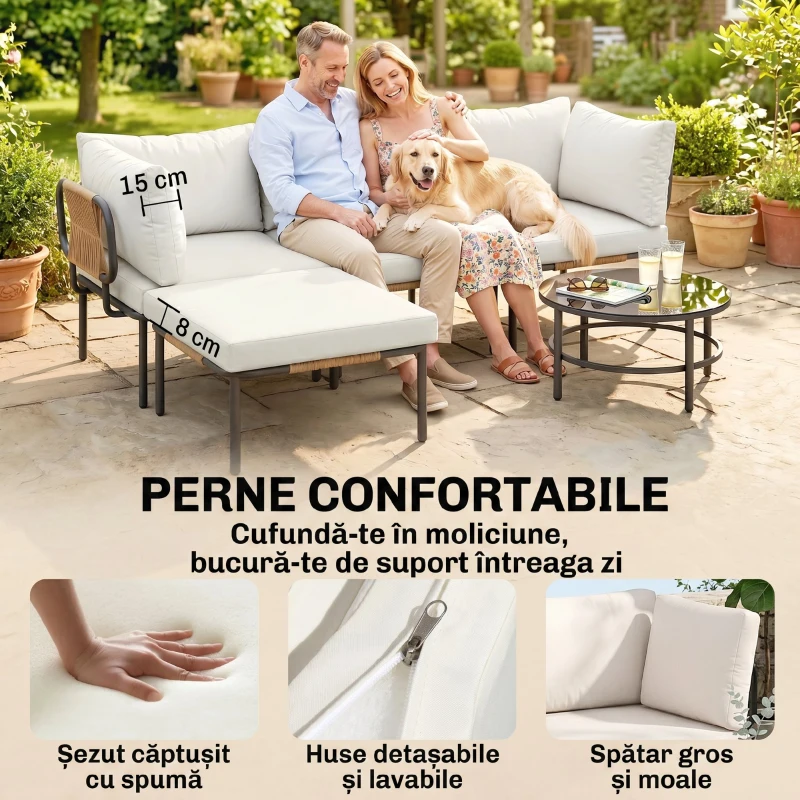 Outsunny Set Grădină, 5 Piese, Rattan Modular în L cu Perne, Culoare Bej