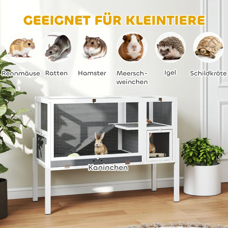 PawHut Kleindierhok voor dwerghamsters, konijnen, cavia's, met accessoires, verhoogd ontwerp, hout, metaal, grijs