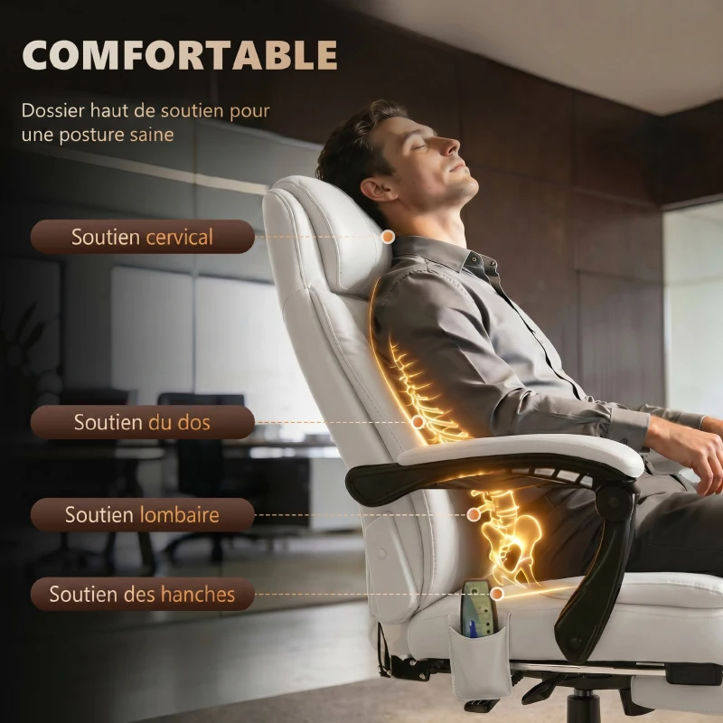 Vinsetto Fauteuil de Bureau Massant 7 Points, Chaise de Bureau Ergonomique avec Repose-pieds Rétractable, Dossier Inclinable 155°, Hauteur Réglable, Pivotant à 360°, télécommande Filaire, Blanc(m-5)