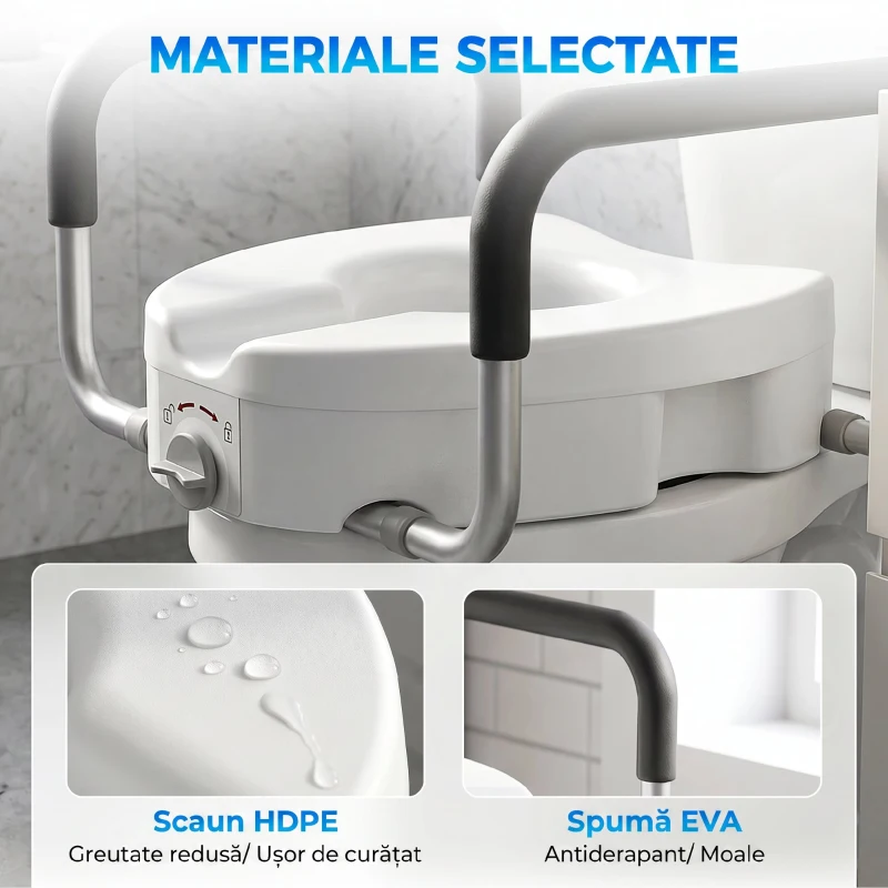 HOMCOM Înălțător WC pentru Vârstnici din HDPE cu Mânere Antialunecare, Lățime Reglabilă, Capacitate 136 kg, Alb