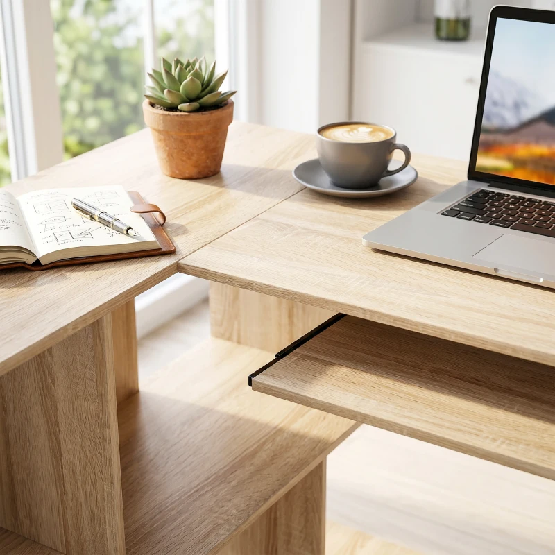 HOMCOM Bureau d'Angle, 120 x 100 x 76 cm, Bureau Informatique en L avec Plateau de Clavier, 4 Compartiments Ouverts, Naturel