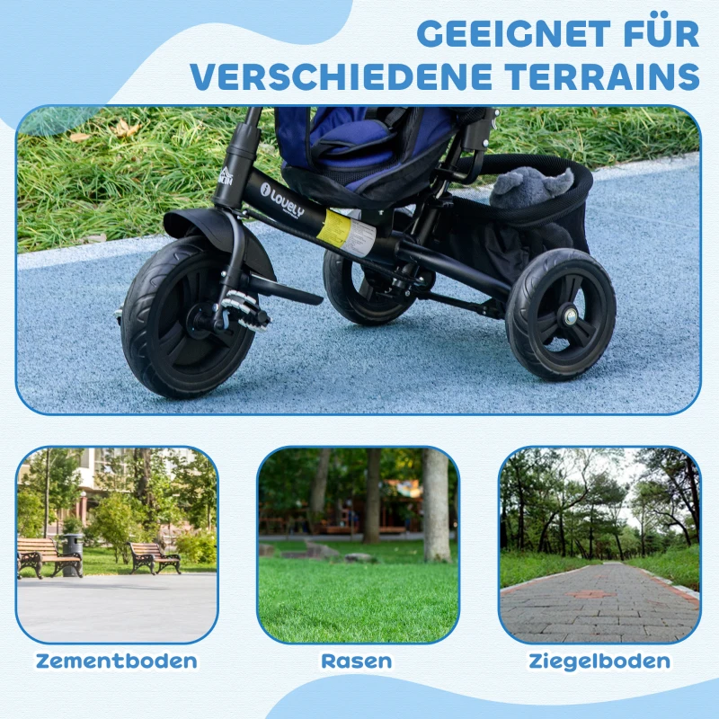 HOMCOM Kinderdriewieler met Achterkorf, Bekerhouder, Zonnedak, van Metaal, Donkerblauw