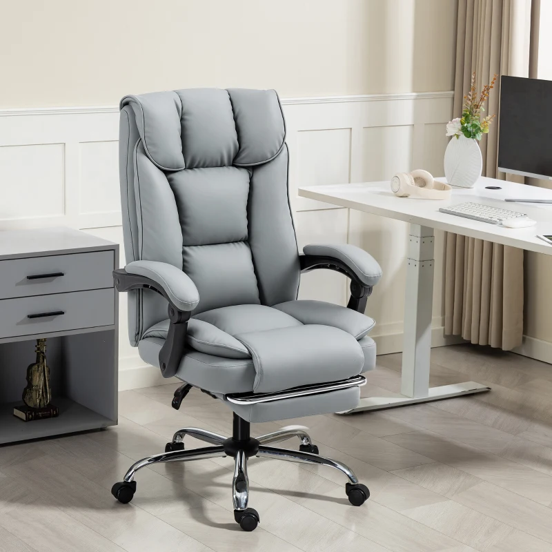 HOMCOM Silla de oficina ergonómica, sillón reclinable con reposapiés, altura ajustable, giratoria 360°, gris