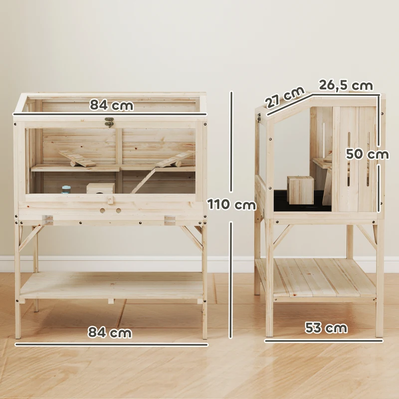 PawHut Hamsterkooi, 2 niveaus, kleindierkooi met opbergvak, accessoires, 84 x 53 x 110 cm, natuurhout