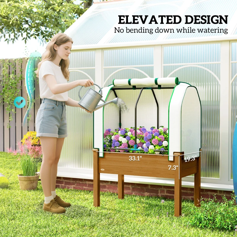 Outsunny Raised Garden Bed Outdoor Elevated Wood Planter Box w/ PE Cover, Natural