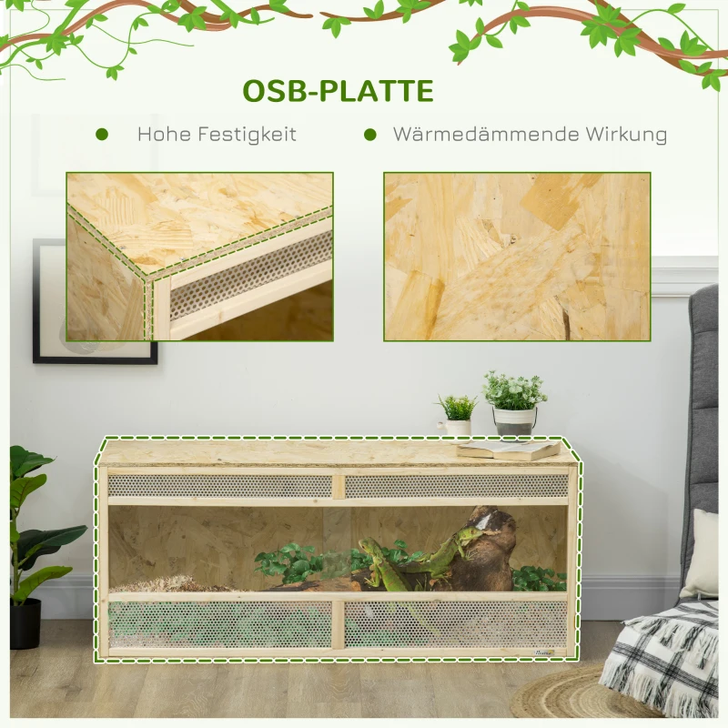 PawHut Terrarium voor Reptielen/Amfibieën, met Glazen Schuifdeuren, Ventilatiegrill, 120x50x50cm(m-5)