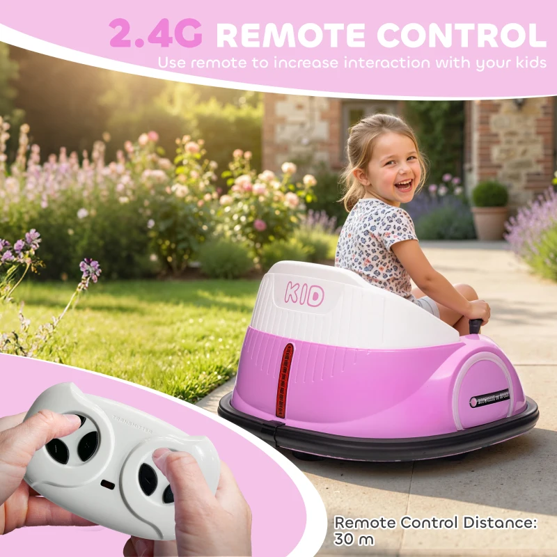 AIYAPLAY 360° Rotation Kids Bumper Car, 12V Waltz Car with Remote Control, Dual Joystick, Music, Lights, Pink