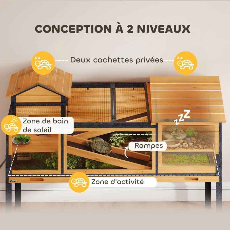 PawHut Maison pour tortues à 2 étages 2 chambres fenêtres rampes toit ouvrable et plateau 128 x 63 x 96 cm jaune(m-4)