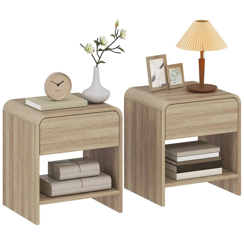 HOMCOM Bedside Tables Set of 2, Nightstands with Rounded Corners, Modern Side Table with Silent Drawer for Bedroom, Natural