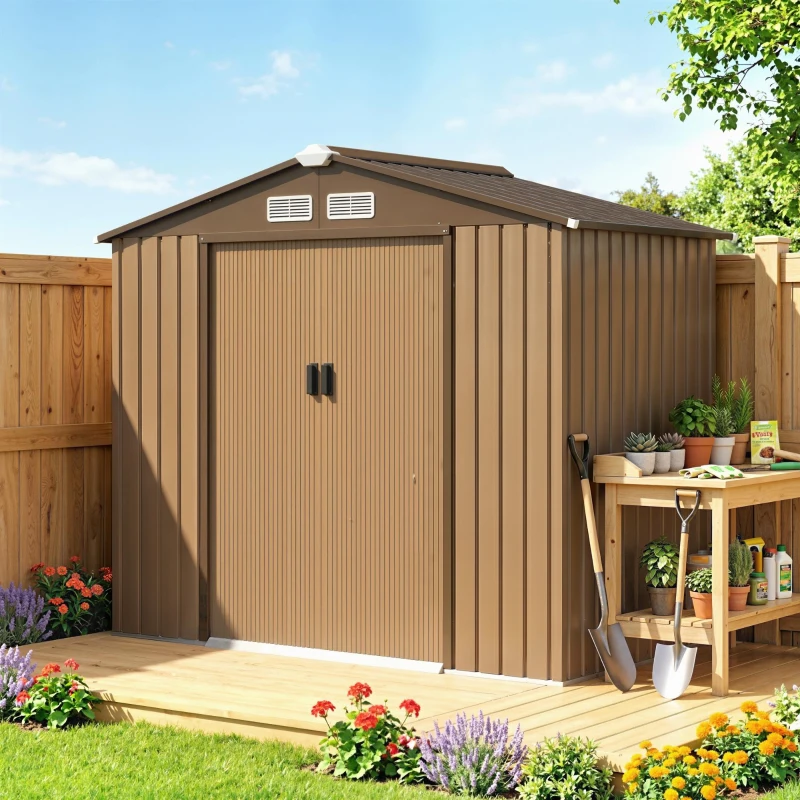 Outsunny Abri de jardin 2,5 m² - remise pour outils avec kit de fondation - cabanon porte verrouillable - tôle d'acier ocre