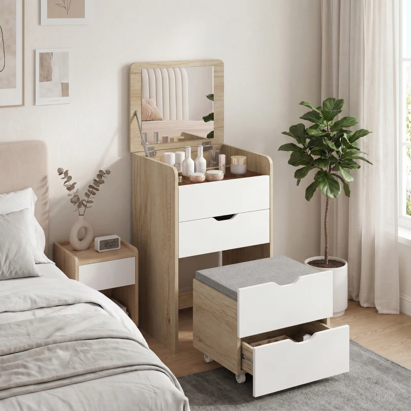 HOMCOM Schminkkommode 3-in-1 mit klappbarem Spiegel, Hocker und Schubladen, Rovere und Weiß