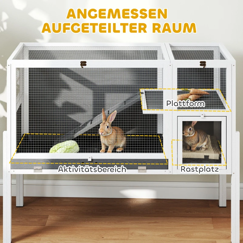 PawHut Kleindierhok voor dwerghamsters, konijnen, cavia's, met accessoires, verhoogd ontwerp, hout, metaal, grijs