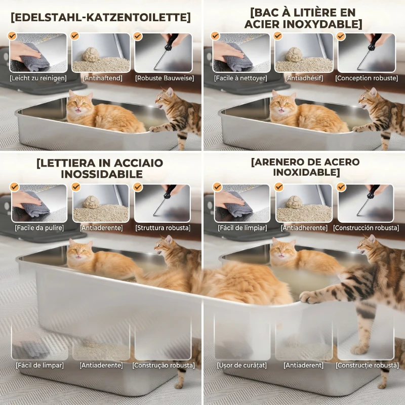 PawHut XXL kattenbak van RVS met deksel, 72L, voor grote katten en meerdere katten, met dubbele ingang, schep, opstap en lekvrij ontwerp