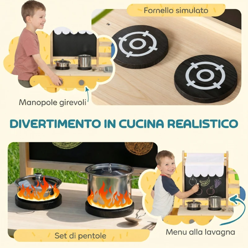 AIYAPLAY Cucina Giocattolo in Legno per Bambini con 15 Accessori, da Interno ed Esterno, Giallo